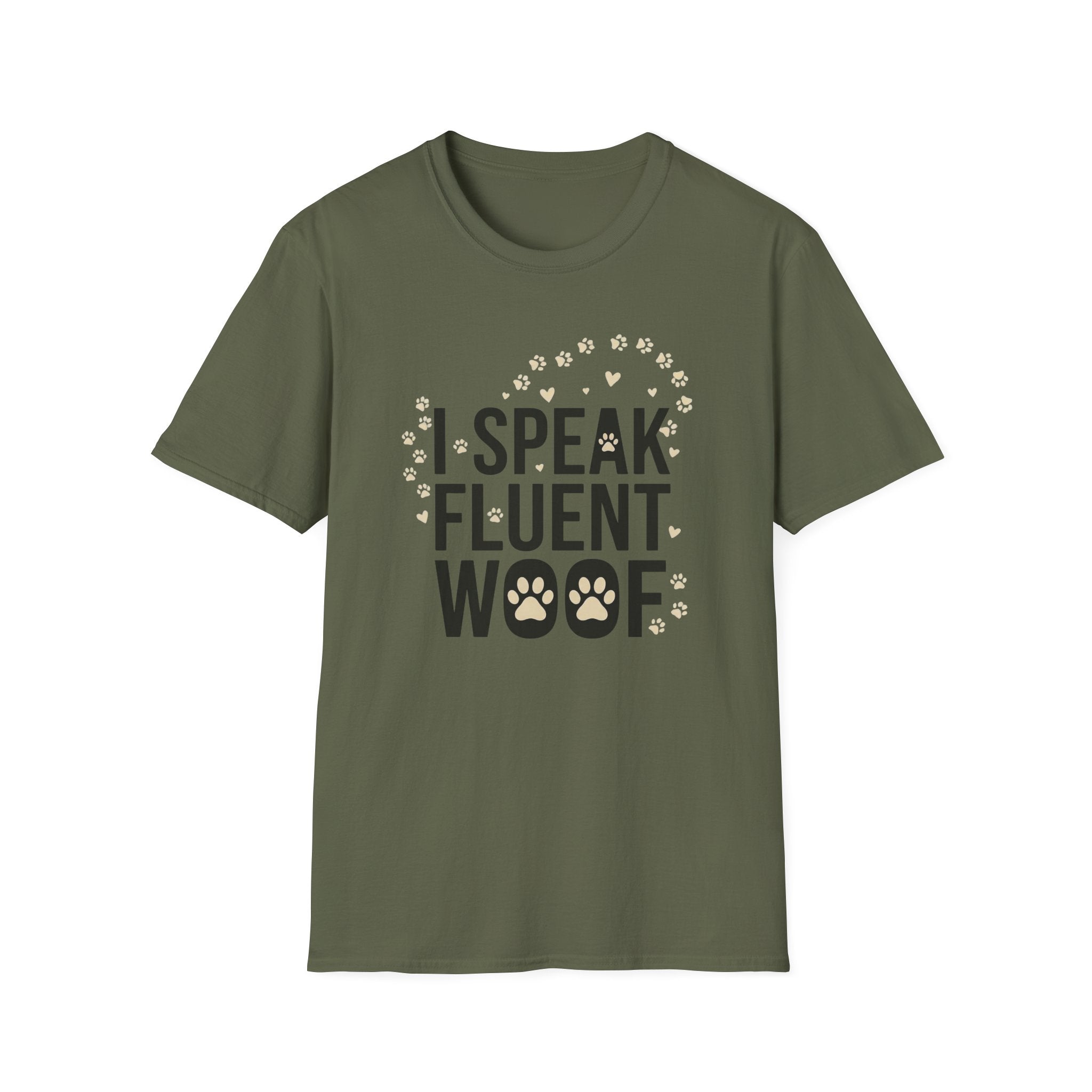 Fluent Woof T-Shirt-T-Shirt-luxury-rescue-dog-t-shirt-for-dog-lovers-Military Green-S-Rescue Paws Club