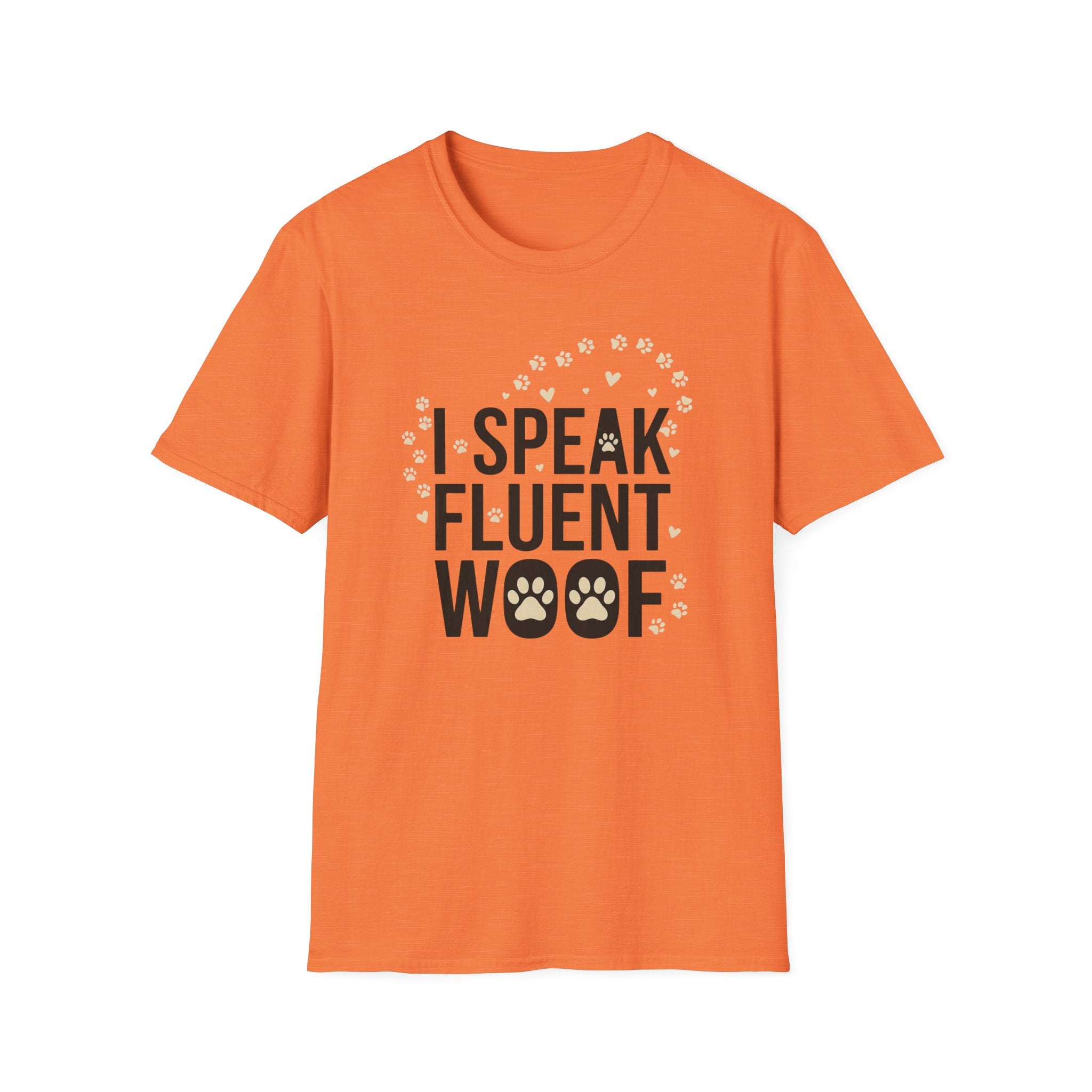 Fluent Woof T-Shirt-T-Shirt-luxury-rescue-dog-t-shirt-for-dog-lovers-Heather Orange-S-Rescue Paws Club