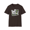 Brown t-shirt with a graphic of a dog and text 'Good Dog? Debatable' on a white background