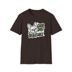 Brown t-shirt with a graphic of a dog and text 'Good Dog? Debatable' on a white background