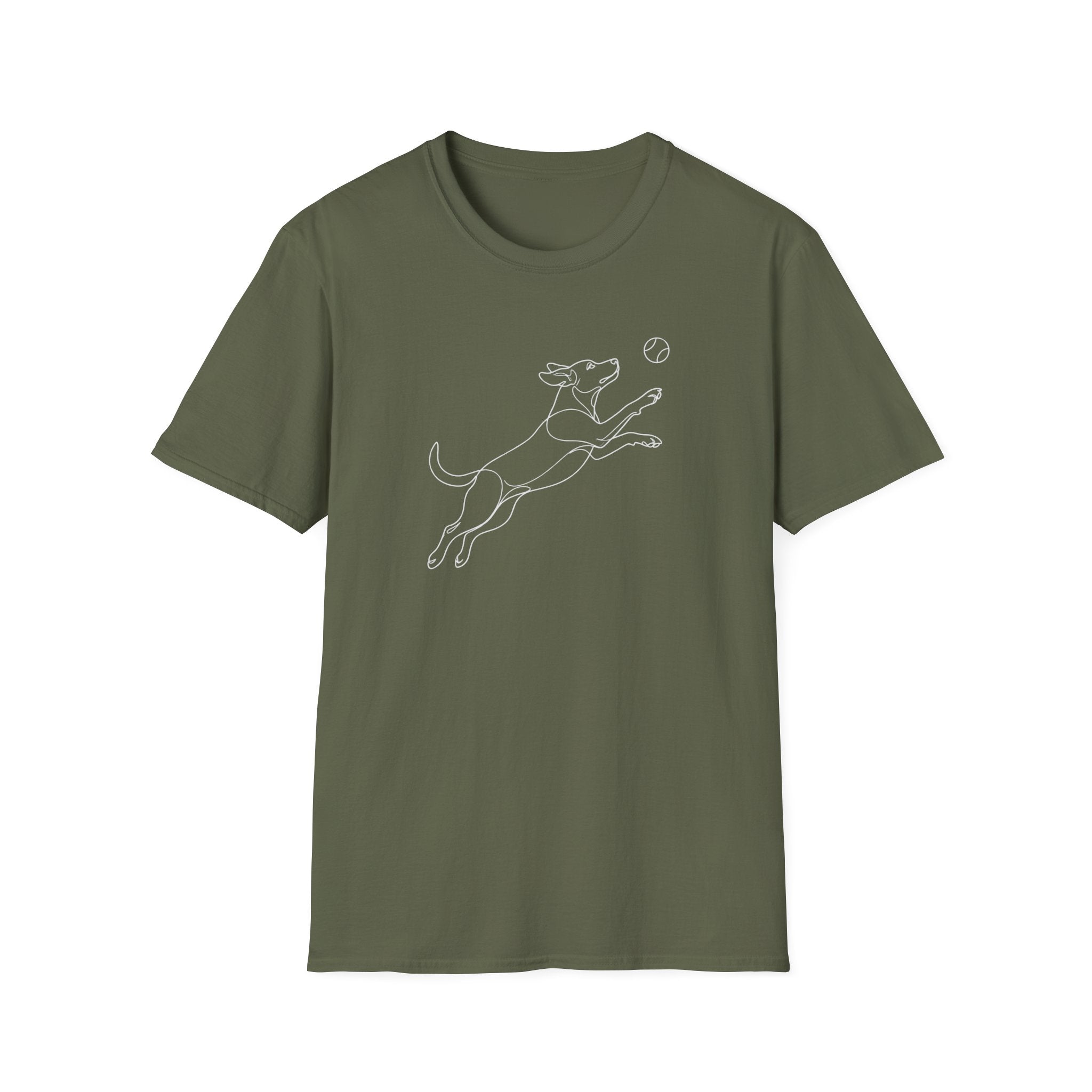 Jumping Dog Line Art T-Shirt-T-Shirt-luxury-rescue-dog-t-shirt-for-dog-lovers-Military Green-S-Rescue Paws Club
