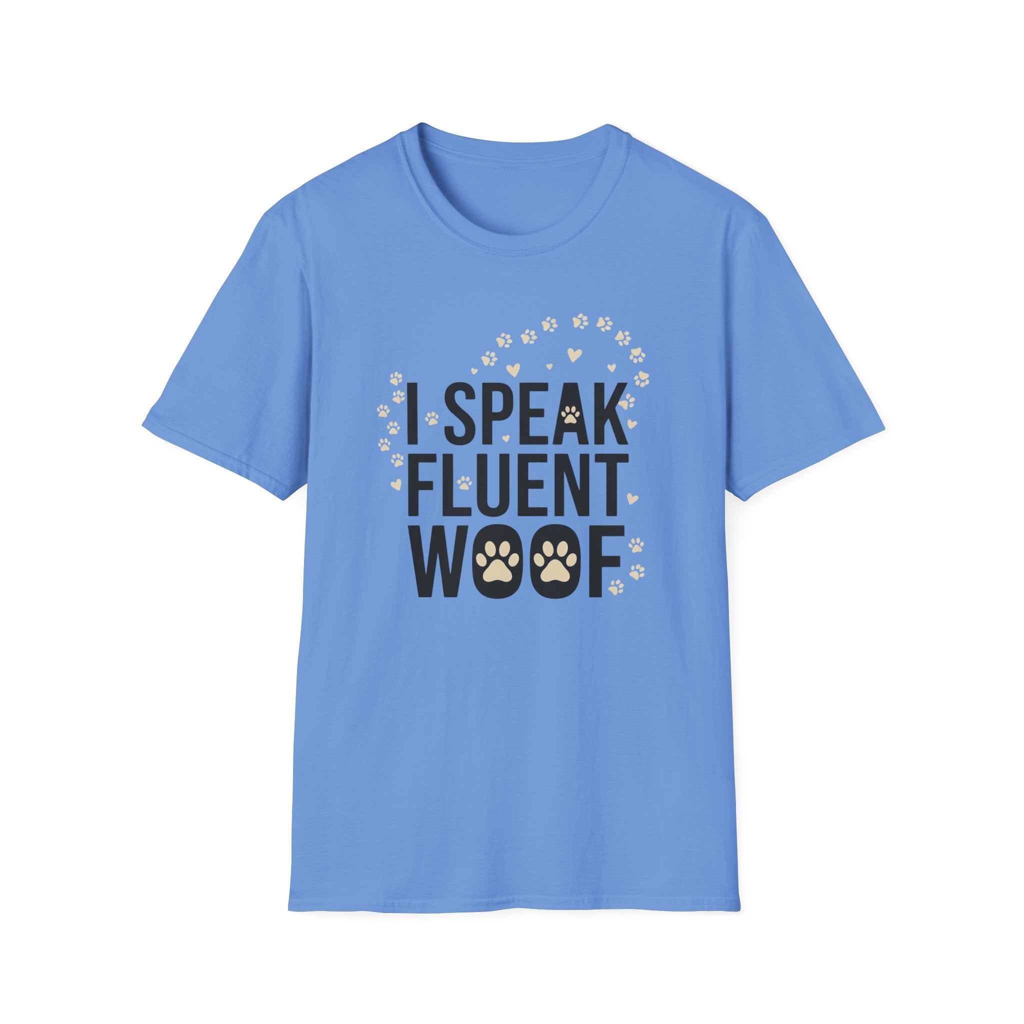 Fluent Woof T-Shirt-T-Shirt-luxury-rescue-dog-t-shirt-for-dog-lovers-Carolina Blue-S-Rescue Paws Club