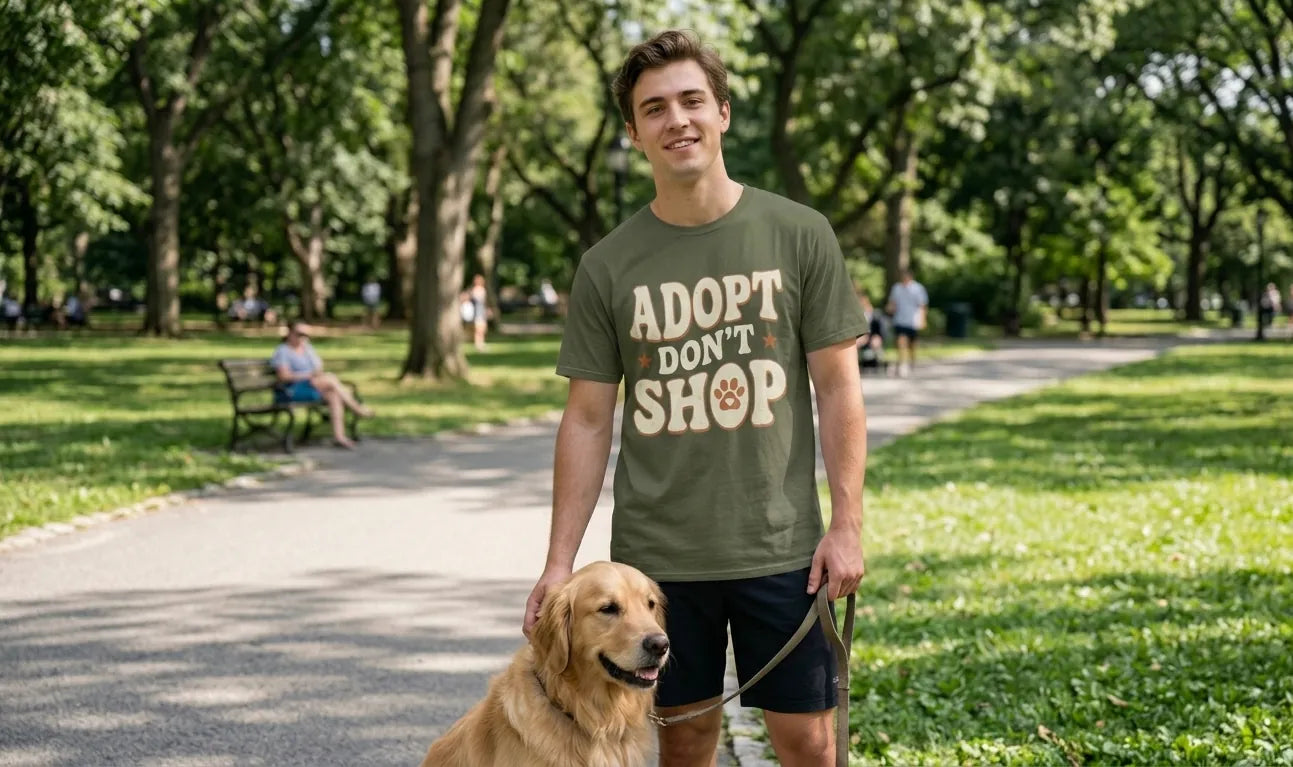 Man in a park with a dog, wearing an 'Adopt Don't Shop' t-shirt.