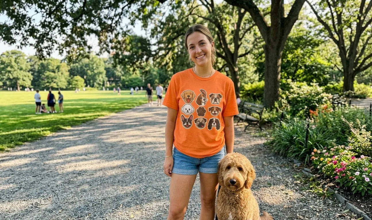 Woman in an orange t-shirt with dog graphics standing with a dog in a park.